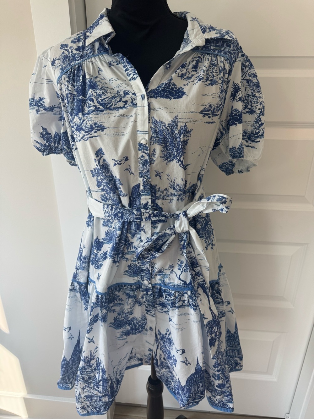 Style U Blue White French Country Puff Sleeve Tiered Mini Dress Medium
